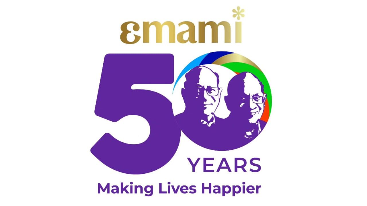 <div class="paragraphs"><p>The Emami logo seen in a poster marking 50 years of the company.</p></div>